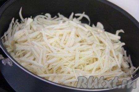 В сковороду с высокими бортиками влить растительное масло, разогреть. Выложить в сковороду капусту и обжарить на среднем огне, иногда помешивая, в течение 10 минут.