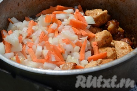 Лук и морковь добавить к мясу в казан и обжарить, иногда перемешивая, до прозрачности лука и мягкости овощей.
