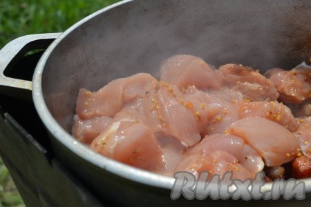 К обжаренному салу выложить нарезанную замаринованную куриную грудку и, помешивая, обжарить на среднем огне до золотистого цвета.
