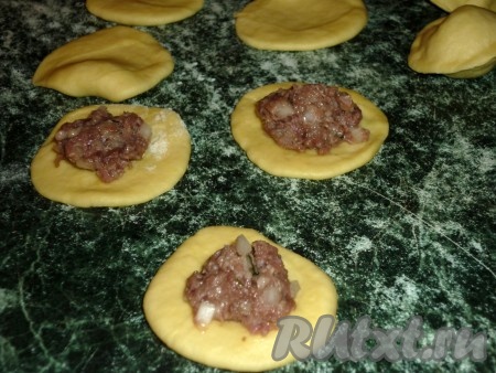 Теперь можно заняться начинкой для пельменей. Очищенный и разрезанный на несколько частей лук и нарезанную на кусочки свинину перекрутить на мясорубке. Полученный фарш посолить, поперчить и хорошо перемешать. Тесто раскатать, вырезать небольшие кружочки. В центр каждого кружочка поместить немного фарша.
