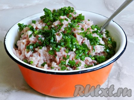 Добавить в фарш зеленый лук. Посолить и поперчить по вкусу, добавить сушеный чеснок.