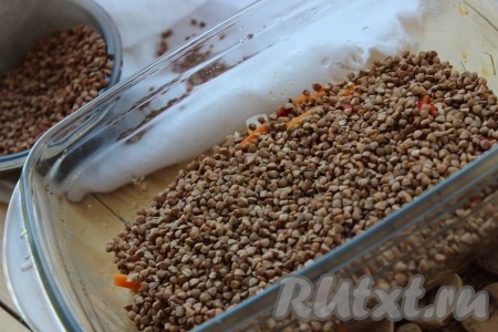 Затем поверх овощного слоя выложить подготовленную гречневую крупу, разровнять, посолить, приправить любимыми специями.
