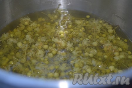 Выложить чистые цветочки липы в кастрюлю, залить водой и поставить на огонь, довести до кипения. Уменьшив огонь до минимума, варить минут 15-20. Затем убрать с огня и полностью остудить.
