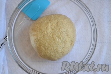 Частями начинаем вводить дважды просеянную муку. Замешиваем мягкое, не липнущее к рукам тесто. Накрываем пищевой пленкой миску и убираем в холодильник на пол часа.
