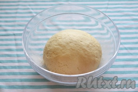 Когда тесто уже будет упругим, нужно продолжать вымешивать еще минут 5-10. Важно не переборщить с мукой, чтобы "не забить" тесто - будет тяжело подниматься. Но и не досыпать плохо. Оно должно быть мягким и в тоже время не липнущим к рукам. Подготовленное тесто накрываем влажной салфеткой и оставляем в теплом месте на 30 минут (может понадобиться и больше времени). Тесто должно хорошо "вырасти" в миске.
