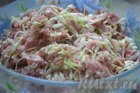 Тщательно перемешать, посолить по вкусу. Слегка смочив руки водой, из полученной массы сформировать небольшие шарики (тефтели). Эти шарики и станут ленивыми голубцами.
