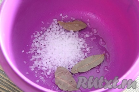 Для начала приготовить маринад для мяса. В глубокую миску всыпать соль и добавить лавровый лист. Соль  я использую морскую, крупную.