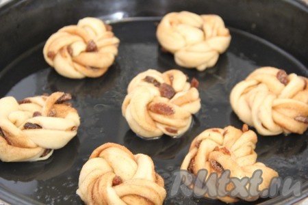 Получившиеся булочки с изюмом и корицей выложить на противень, смазанный растительным маслом, и оставить для расстойки на 30-40 минут. 
