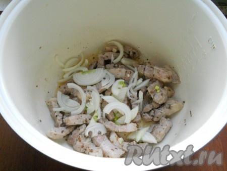 В чашу мультиварки влить растительное масло, выставить программу "Выпечка" на 45 минут. Через 5 минут разогрева выложить в чашу мясо. Посолить, посыпать специями для мяса. Готовить далее при открытой крышке, периодически перемешивая мясо. Через 10 минут добавить к мясу нарезанный репчатый лук, перемешать.
