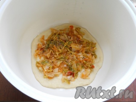 Каждую часть раскатать в лепешку по диаметру дна чаши мультиварки. Смазать чашу небольшим количеством подсолнечного масла. Поместить одну лепешку, на нее - часть капусты.
