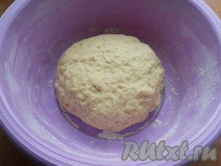 Замесить плотное, но не тугое тесто (долго вымешивать не нужно). Накрыть тесто пищевой пленкой и оставить в теплом месте для подхода на 1 час.