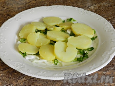 Картофель очистить, нарезать кружочками и выложить к луку.