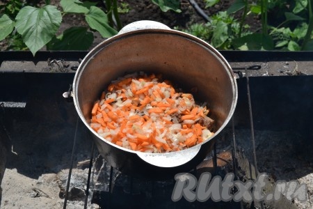 Добавляем нарезанные морковь с луком.
