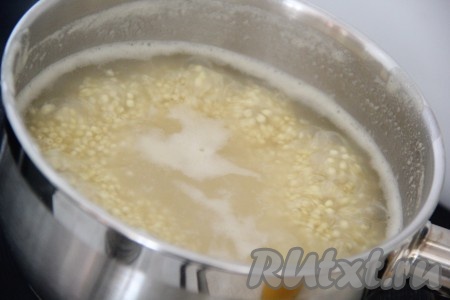 Залить пшено 350 миллилитрами воды, слегка посолить и поставить на огонь.