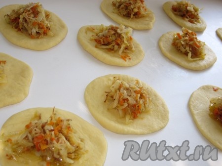 В центр лепешек выложить начинку из капусты и моркови.
