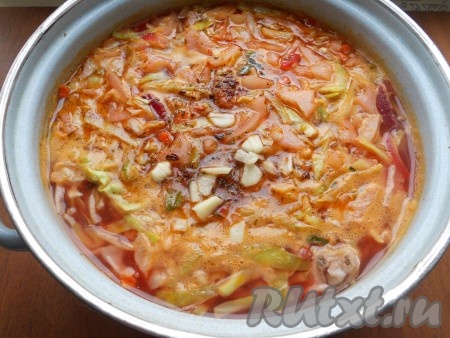 Когда картофель будет готов, добавить в кастрюлю содержимое сковороды и сразу же - нарезанную молодую капусту. Всыпать специи для первых блюд, добавить измельченный чеснок. Борщ перемешать и прокипятить его на небольшом огне еще 10 минут.
