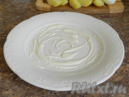 Смешать составляющие для соуса: сметану, майонез и острую горчицу. Немного соуса нанести на дно тарелки.
