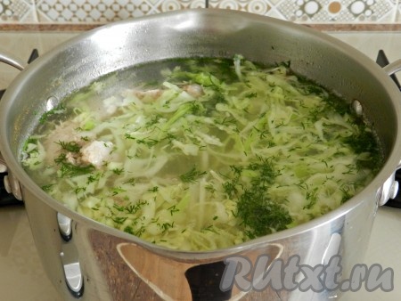 Когда бульон сварится, посолить его, добавить картофель и сварить до готовности. Затем добавить капусту и мелко нарезанную зелень. Капусту варить не долго, не более 5 минут. Капуста в борще не должна быть разваренной.
