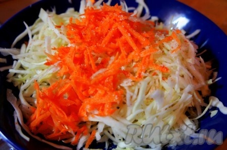Капусту тонко нашинковать. Морковь натереть на крупной терке. Добавить сахар, соль, помять.