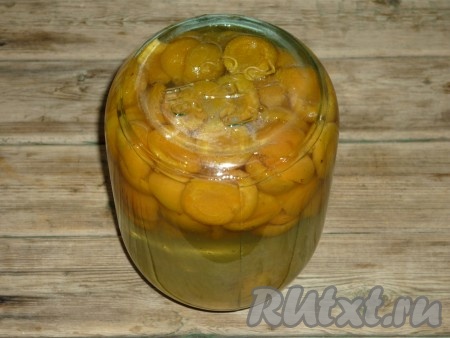 Банку с компотом из абрикосов перевернуть, проверяя на герметичность, укутать тёплым одеялом и оставить до полного остывания.&nbsp;
