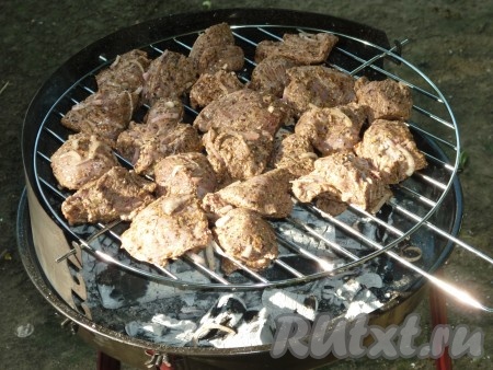 Жарить шашлык на решетке над хорошо раскаленными углями.&nbsp;Когда кладём кусочки баранины на решётку, то лук лучше убрать, иначе он подгорит и будет горчить, а решетку желательно смазать растительным маслом, чтобы мясо не пристало.&nbsp;
