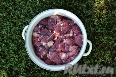 Для сочного, мягкого шашлыка нужно срезать мякоть с позвоночной части. Также можно использовать вырезку и мясо с задней части. Нарезать мякоть кусочками, не срезая жир, чтобы шашлык не получился сухим. Или же срезая, если жира очень много, а то шашлык будет иметь явно выраженный специфический запах. Складываем мясо в кастрюлю для маринования.