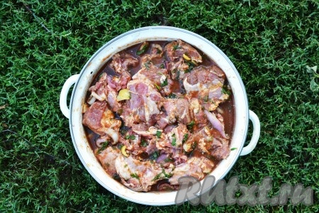 Тщательно перемешиваем, заливаем полученным томатной массой и отправляем в холодильник. Маринуем шашлык из баранины от 3 до 12 часов.
