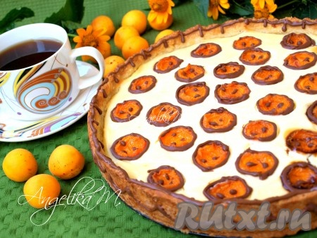 Готовому пирогу дать остыть, затем абрикосы, по желанию, окантовать растопленным шоколадом.