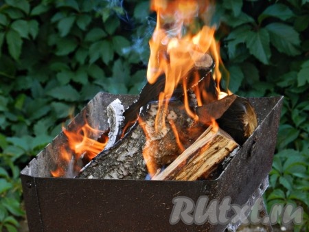 Далее передаем дело в надежные мужские руки. Необходимо нарубить дрова и разжечь мангал. Когда дрова перегорят, превратясь в угли, можно приступать к нанизыванию шашлыка на шампуры.
