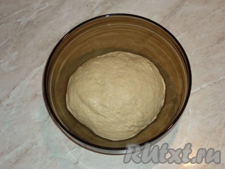 Миску смазать растительным маслом и выложить тесто. Накрыть кухонным полотенцем и поставить в тёплое место, без сквозняков, на 1,5-2 часа, оно должно увеличиться в объеме в несколько раз. За это время нужно обмять тесто два раза.&nbsp;
