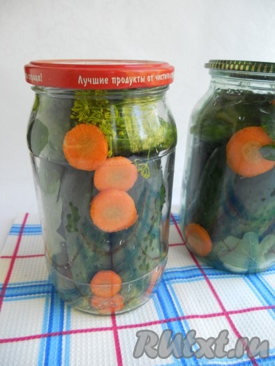 Огурчики предварительно замочить на 3-4 часа в холодной воде. После этого тщательно их вымыть. Банки заполнить огурцами, перекладывая их кружочками моркови, сверху разместить по зонтику укропа.
