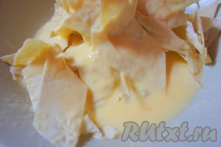 Порезанные кусочки лаваша на 1-2 минуты  опустить в соус. (!) Не передержите, а то лаваш сильно размокнет.