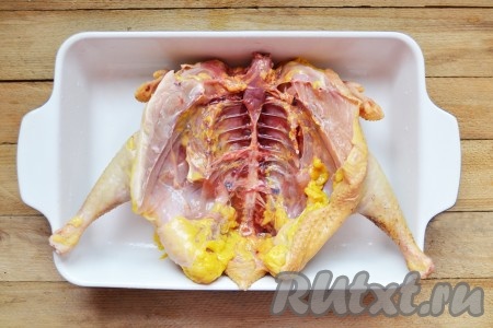 Домашнюю курицу разрезаем, хорошо вымываем проточной водой. Имеющийся жирок не нужно удалять, он только улучшит вкус и не даст мясу стать сухим во время запекания. Если курица не совсем молодая (более 2-х лет), то перед запеканием ее необходимо или замариновать на ночь в рассоле (5 столовых ложек соли и 3 столовые ложки сахара развести в двух литрах остывшего кипятка, добавить 2-3 лавровых листа, 1 нарезанную луковицу и кружочками нарезанную морковь), или отварить до полуготовности в подсоленной воде (это может занять от 1 до 2 часов, время варки будет зависеть от возраста курицы). Если курочка, как у меня, молодая то её не нужно ни отваривать, ни предварительно мариновать в рассоле.