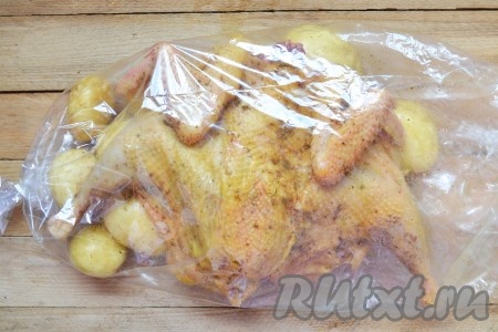 Завязываем рукав с обеих сторон, отправляем в разогретую духовку и запекаем при температуре 180 градусов 45-50 минут.&nbsp;
