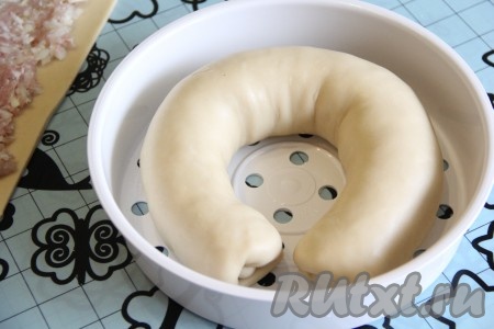 Форму мультиварки для готовки на пару смазать растительным маслом. Выложить ханум (рулет с мясом) в форму. В чашу мультиварки влить 5 мультистаканов воды, выставить режим "Варка на пару", после сигнала поместить ханум в мультиварку, закрыть крышку и готовить до звукового сигнала. Время готовки 30 минут.