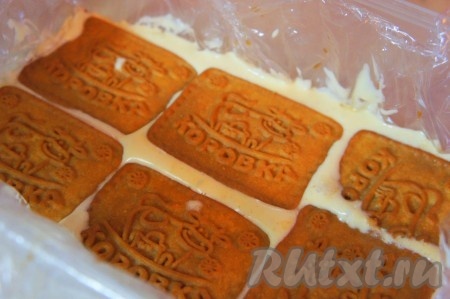 Выложить второй слой печенья аналогично первому. Закрыть слоем крема и отправить в холодильник на 2-3 часа.