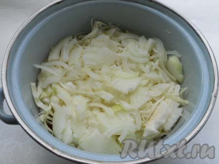 Далее выложить нарезанный полукольцами репчатый лук.
