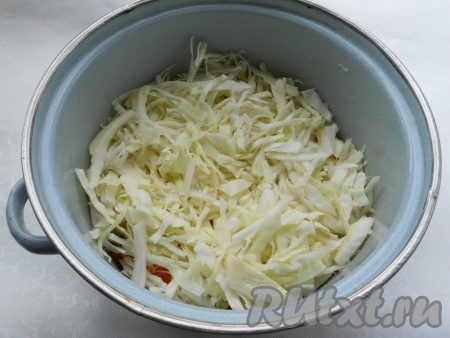 Капусту нашинковать, чуть посолить и помять руками. Выложить капусту в кастрюлю поверх моркови.
