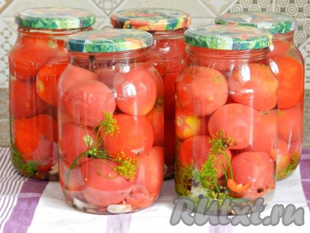 Горячий рассол влить в банки с помидорами и сразу же закрутить их крышками. Перевернуть банки вверх дном на полотенце, укутать одеялом и оставить до остывания. Затем убрать для хранения.