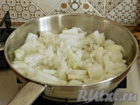Обжарить лук на растительном масле, посолить и поперчить немного.
