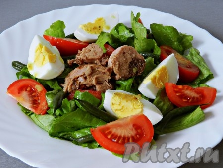 Отваренные заранее яйца очистить, разрезать на четвертинки. Выложить на салат из помидоров и фасоли нарезанные яйца и кусочки консервированного тунца.
