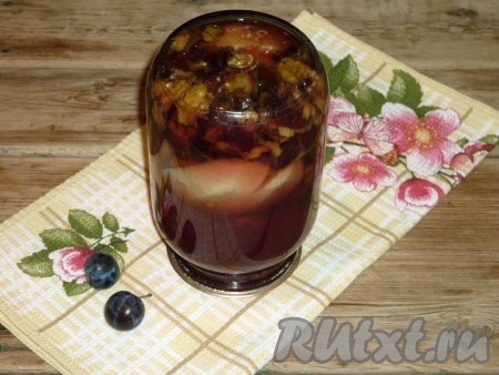 Банку с компотом закатать, перевернуть, укутать тёплым одеялом и оставить до полного остывания.&nbsp;
