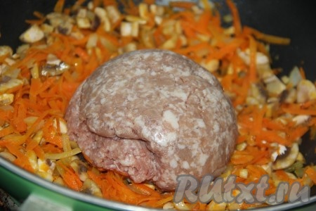 Затем добавить в сковороду фарш. Массу тщательно перемешать и обжарить на небольшом огне в течение 10 минут, периодически перемешивая.
