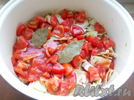 Сверху - оставшуюся капусту, также посолить, посыпать паприкой и выложить оставшиеся помидоры. Добавить томатную пасту, разведенную в воде, и влить оставшуюся воду. Также добавить лавровый лист.
