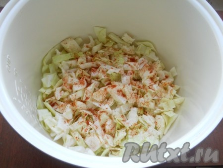 Капусту нарезать небольшими кубиками. Половину капусты поместить в чашу мультиварки, немного посолить, посыпать паприкой. Влить растительное масло.