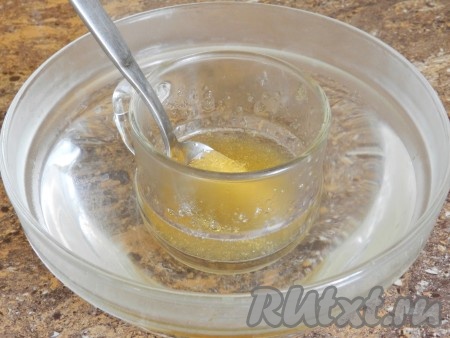 В 100 мл воды комнатной температуры развести желатин, оставить на 5 минут. Затем поставить на водяную баню, перемешать, чтобы желатин полностью растворился. Комочков желатина быть не должно.
