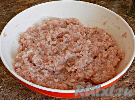 Смешать мясо с рисом, посолить и поперчить по вкусу. Фарш должен получиться мягким и вязким, не рассыпаться в руках.