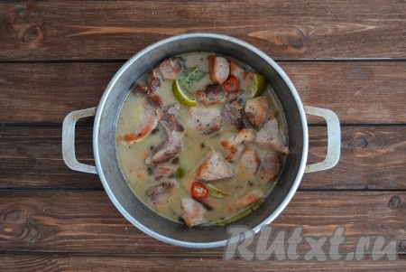 Залить свинину водой, по вкусу всыпать соль и молотый душистый перец, поставить на слабый огонь и томить под крышкой 30 минут.
