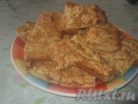 Ставим тертый пирог с яблоками в разогретую до 180 градусов духовку и выпекаем 15-20 минут. Затем достаем его из духовки и разрезаем на квадратики. Вкусный пирог готов.
