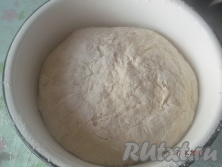 Затем выливаем наши забродившие дрожжи в получившуюся смесь воды и жира, перемешиваем, постепенно всыпаем муку и замешиваем не тугое тесто, но чтобы к рукам не прилипало. Оставляем наше тесто в теплом месте, накрыв его полотенцем, пока не поднимется вдвое (это займёт примерно 30 минут).
